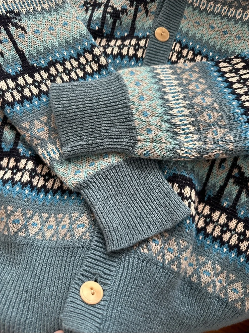 J. CREW Palm Tree Fair Isle Cardigan Blue Linen Cotton Coastal Beach Knit Size M